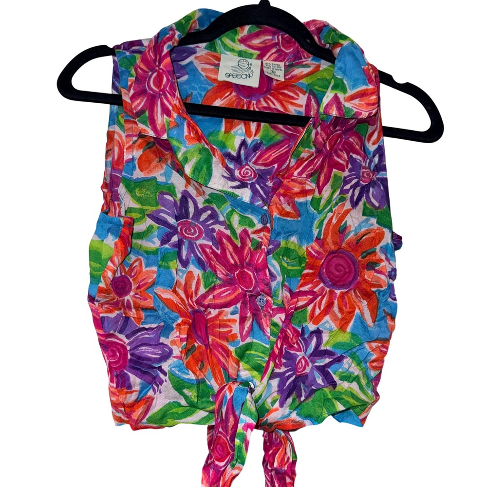 Sassoon Vintage Floral Tie Front Crop Top Womens Medium Multi Rayon Cotton